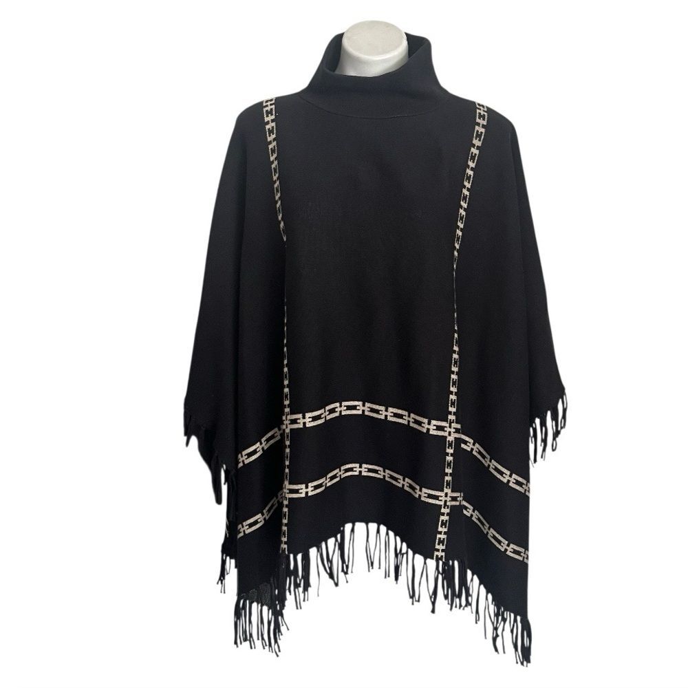 J McLAUGHLIN Black Poncho Hold Chain Link Pattern Mock Neck Fringe One Size